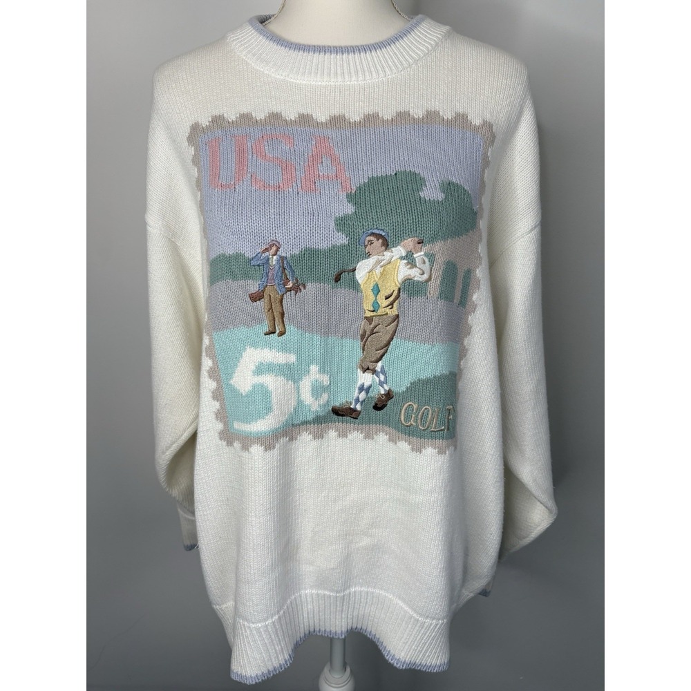 Men's Cream V-Neck Golf Graphic Sweater